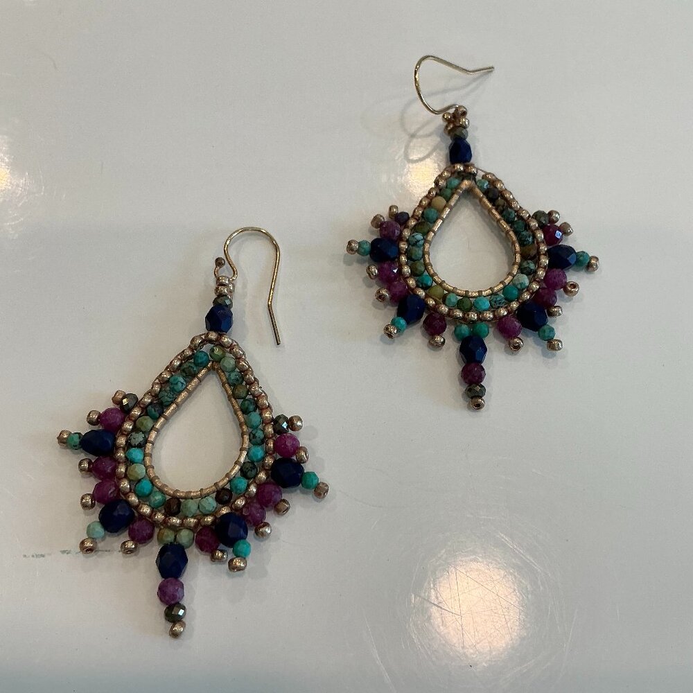 Lulii Blu, Hand Woven Beaded Earrings,  Crystals and Glass Beads, 2"L x 1.5" W